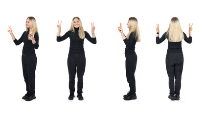 Obraz premium various poses of the same woman showing victory sign on white background