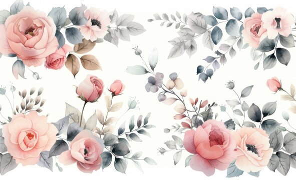 Set or Collection of watercolor soft pastel pink floral clipart, isolated on beige background, vintage leaves and flowers, digital art, simple vector, leaves and vines, cute and dreamy.