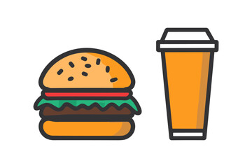 Burger and soda drink in cup colored vector colored icon isolated.