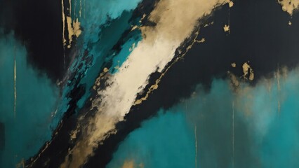 Abstract Black, Teal Gold and Gray art. Hand drawn by dry brush of paint background texture. Oil painting style