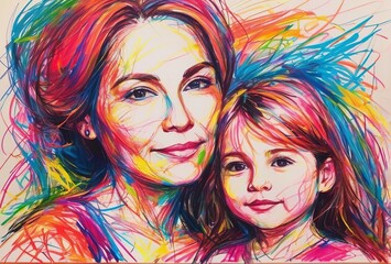 Obraz premium Mother and daughter in chaotic crayon drawing style