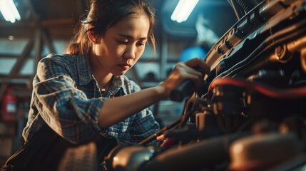  Mechanic, An experienced woman mechanic repairing a car, Auto repair shop background 