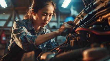 Fotobehang Muziekwinkel  Mechanic, An experienced woman mechanic repairing a car, Auto repair shop background 