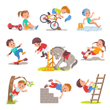 Falling kids. Cute boys and girls stumble and slip. People lose their balance at skateboard or bicycle. Crying children. Injuries and bruises. Teenager climbing tree. Splendid vector set