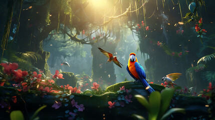 A vibrant scene of tropical birds, including parrots and toucans, in a lush jungle canopy.