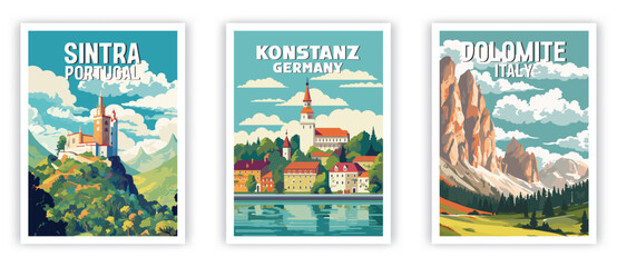 Fototapeta premium Sintra, Konstanz, Dolomite Illustration Art. Travel Poster Wall Art. Minimalist Vector art