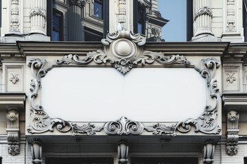 Ornate store signage frame with baroque style in urban setting