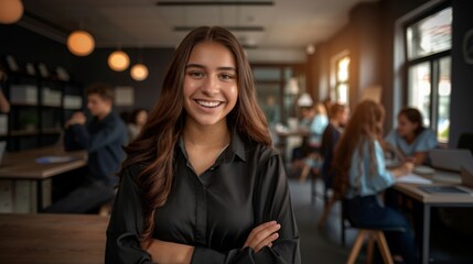 Portrait of happy young professional business woman sit in office looking at camera, smiling just gr - obrazy, fototapety, plakaty