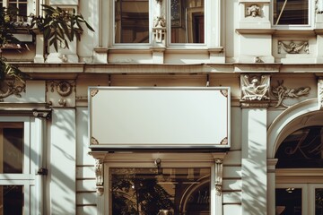 Elegant storefront with blank signage in urban setting