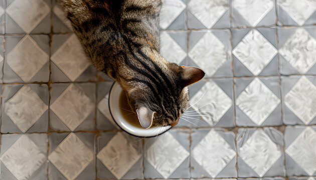 cat asks to eat from an empty bowl against the background of a white kitchen