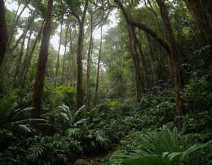 Verdant Tropical Jungle with Towering Trees and Sunlight