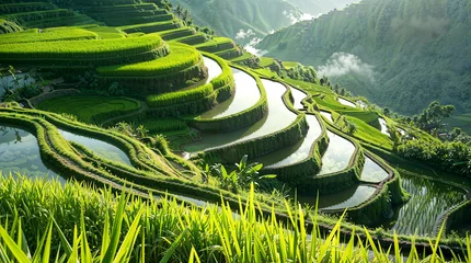 Badkamer foto achterwand Rice field terrace on mountain hills, beautiful terraced asian rice fields landscape hd © OpticalDesign