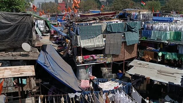 slums with laundry in Mumbai. Dhobi Ghat in Mumbai 2024 