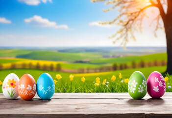 happy easter, eggs with flowers on table, country side background, easter eggs scene 