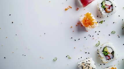 /imagine Sushi Rolls Presentation, Elegant, Artistic, Fresh Ingredients, Japanese Fusion, Minimalist background 