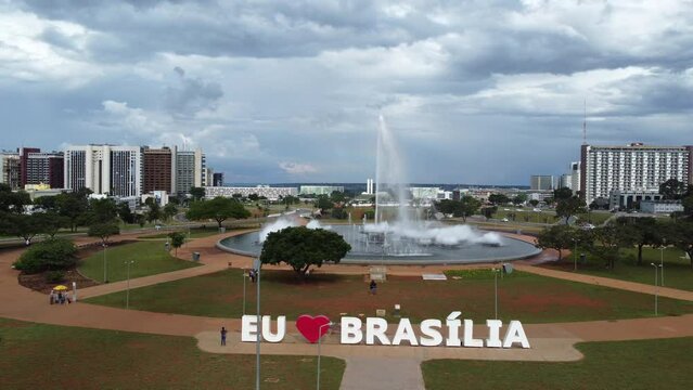 Brasilia, Brazil - March 10, 2023: Aerial view of Eixo Monumental  - Brasilia, Distrito Federal, Brazil