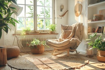 Sunlit Cozy Reading Nook with Plush Chair and Indoor Plants