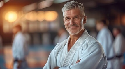 Adult experienced trainer wearing white kimono learning fighting jiu jitsu aikido. Smiling friendly  - obrazy, fototapety, plakaty