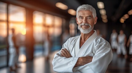 Adult experienced trainer wearing white kimono learning fighting jiu jitsu aikido. Smiling friendly 