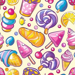 summer pattern background with desserts and fruits sweets