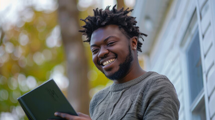 Stylish, modern man smiling at camera and using a tablet in his hands.