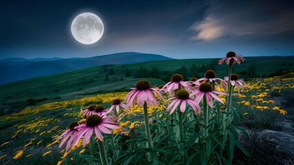 Echinacea flower under moonlight creates mystical ambiance on hilltop