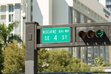 American street traffic light in Miami, Florida. USA transportation