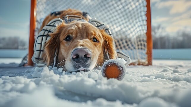 Golden Retriever Dog Playing with Ball in Snowy Winter Landscape