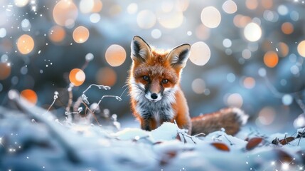 Christmas card. Magical scene with an adorable red fox cub amidst a snow-covered enchanted forest with sparkling bokeh lights. - obrazy, fototapety, plakaty