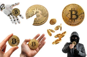 Vast Assembly of Bitcoin Images: Bitcoin Grasped by Hand, Hacker Engaged with Bitcoin, Bitcoins Rising and Falling, and Bitcoin Monetary Units, Isolated on Transparent Background, PNG