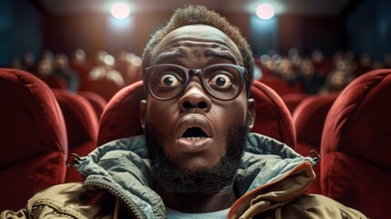 African American man scared shocked or impressed with eyes wide open. Enjoy watching horror movie or - obrazy, fototapety, plakaty