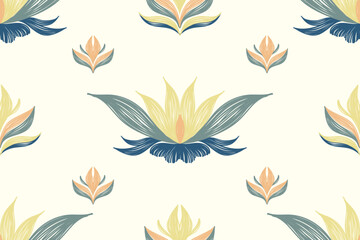 Fototapeta na wymiar Vintage flower pattern seamless ikat embroidery ethnic design. Vector illustration multicolour lotus floral motifs background border texture print template. 