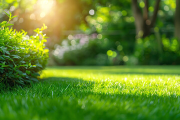 Naklejka premium Beautiful blurred background image of spring nature with a neatly trimmed lawn.