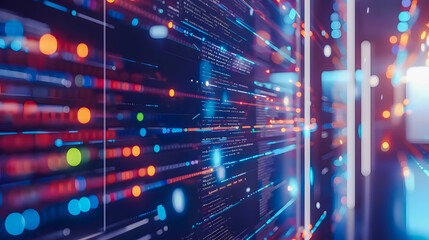 Abstract image of a server room with illuminated data and network interface, symbolizing modern technology and information infrastructure.
