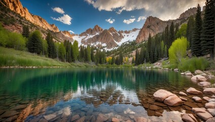 Panoramic view of Lake Blanche with crystal clear waters reflecting surrounding mountains and vibrant greenery.