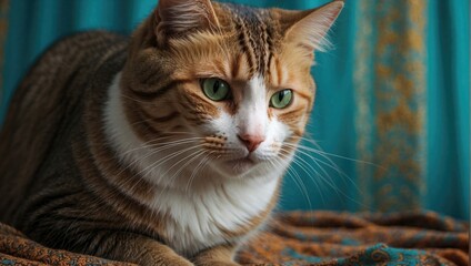 A ginger and white cat with alert green eyes sitting on patterned fabric against a turquoise and gold drapery.