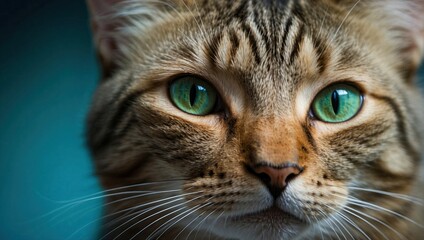 Close-up of a brown tabby cat with vivid green eyes and prominent whiskers against a blurred teal background.