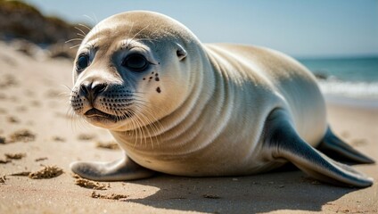 A baby seal with soulful eyes lies comfortably on a sandy shoreline under a bright blue sky.