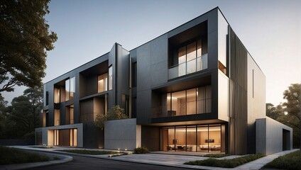 Modern architecture, a contemporary multi-story building exterior at dusk with illuminated windows and minimalist design.