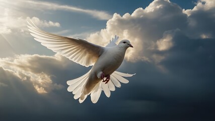 Imagine the graceful flight of a pure white dove, its feathers catching the sunlight as it dances through the clouds. With each beat of its wings, the dove moves effortlessly through the sky, embodyin - obrazy, fototapety, plakaty