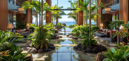 A resort hotel lobby with tropical-themed decor, lush greenery, and panoramic views of the ocean,...
