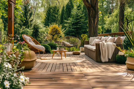 Beautiful wooden terrace with garden furniture surrounded by greenery on a warm, summer day.