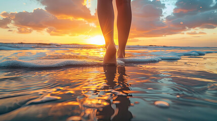 Low angle view of girls feet walking on beach at sunset - obrazy, fototapety, plakaty