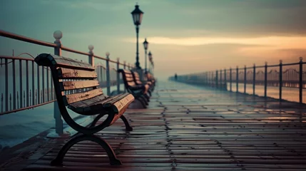 Fototapeten Sunset on Pier with Benches Overlooking Sea Nostalgic seaside graphic © irissca