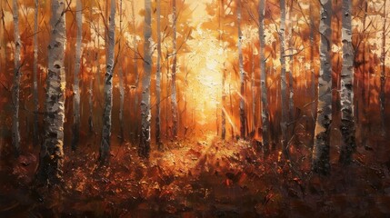 Autumn birch forest at sunset in oil painting.