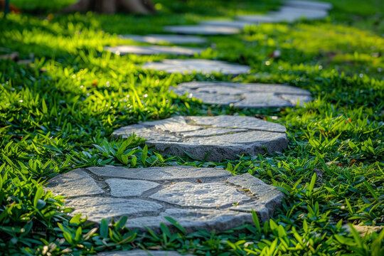 Garden stone path with grass growing up between the stones.