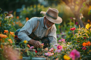 Gardener planting flowers in the garden.