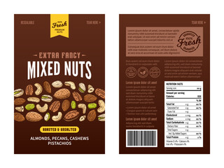 Vector mixed nut packaging design template. Almond, pecan, cashew, pistachio illustration