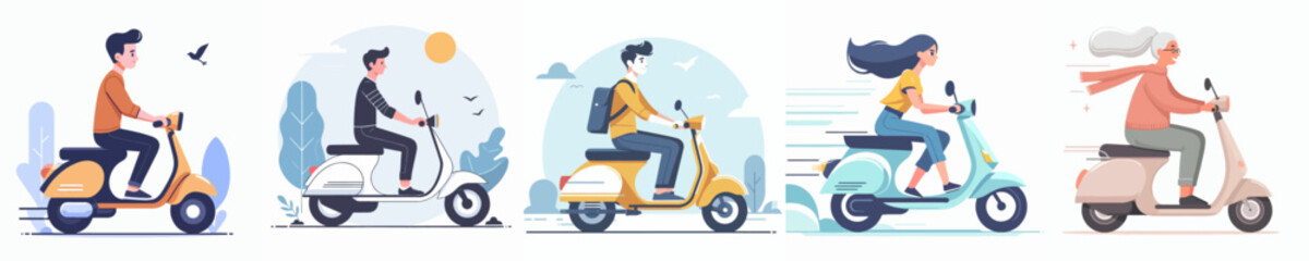 set Vector people happily riding scooters ] - obrazy, fototapety, plakaty