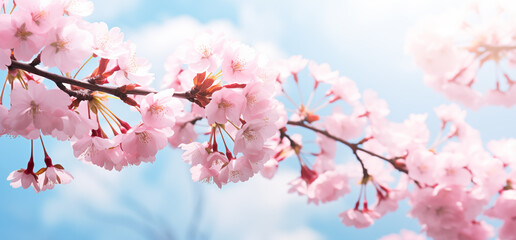 Blooming cherry blossoms blue sky background